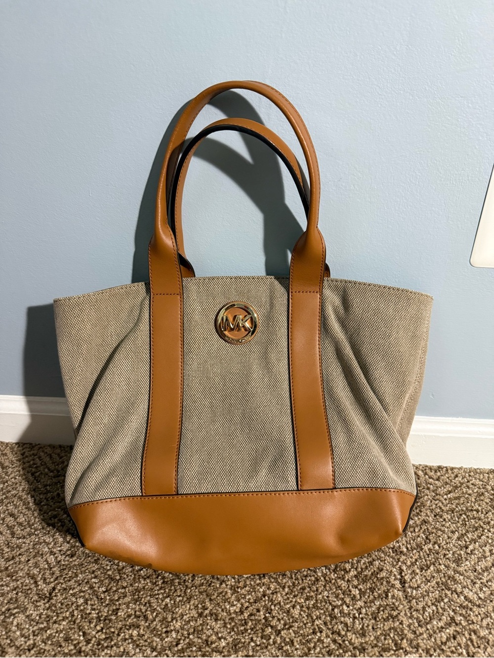 Michael Kors Beige Canvas Tote with Tan Leather Trim